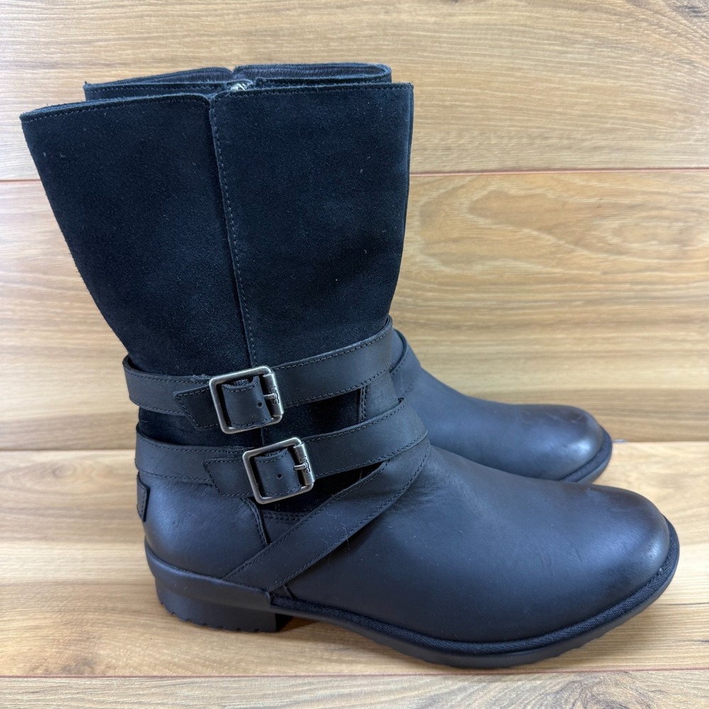 UGG Lorna Buckle Boots Womens 10 Black Leather Zip Sherpa Fur Lined Gorpcore
